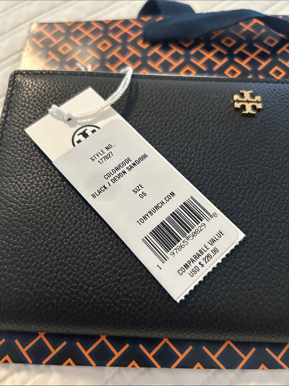 Tory Burch Black Leather Wallet black Devon/sand lining zip fold-over  BNWT